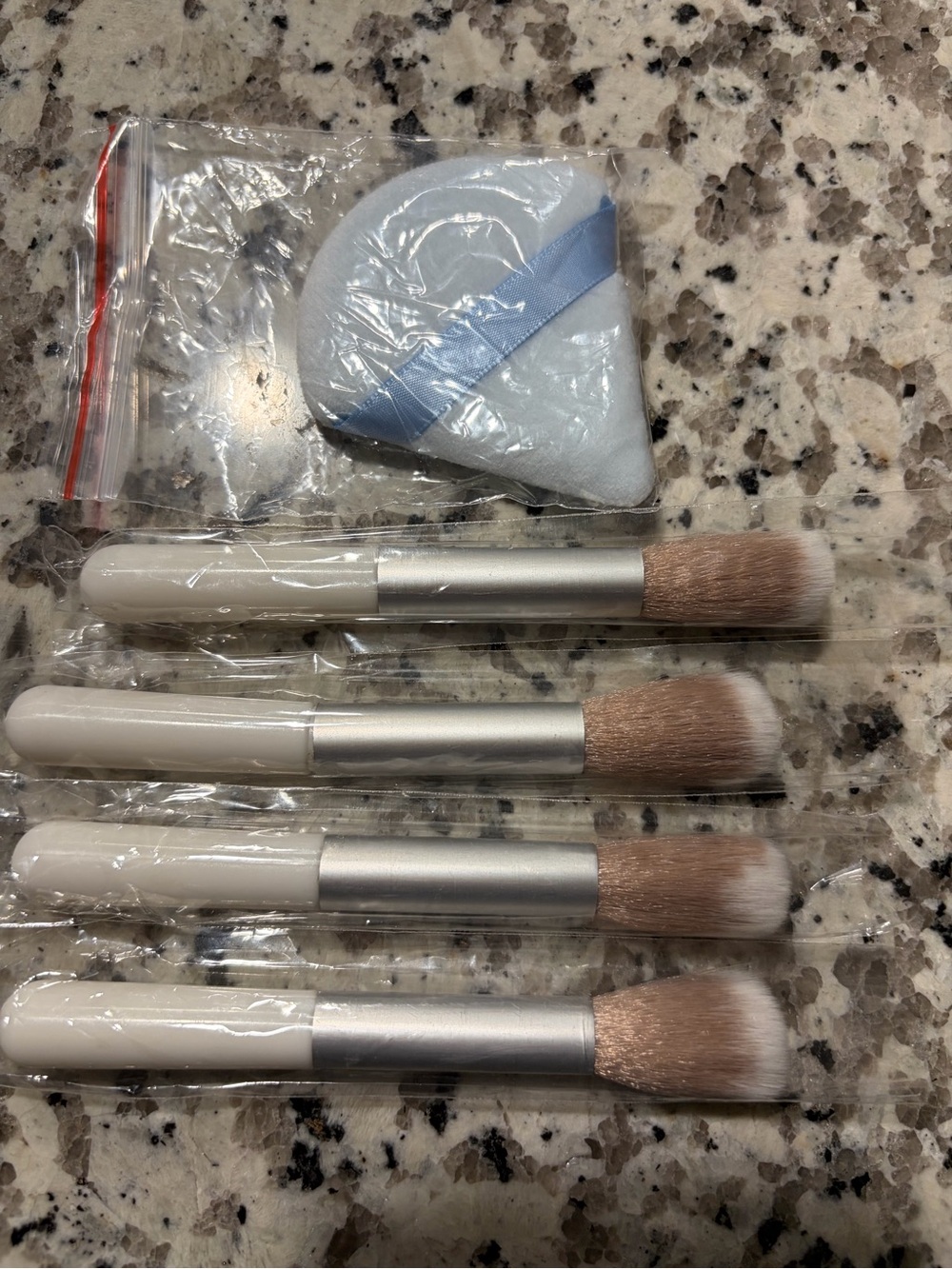 Makeup Brush Set with Puff - White and Silver